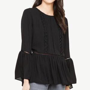 Ann Taylor Blouse Top Pleated Bell Sleeves Victorian Romantic Boho Black Size M